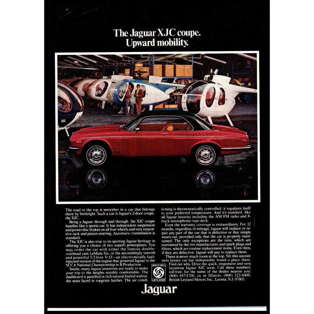 1976 Jaguar XJC Coupe Luxury Car Vintage Print Ad Helicopter Chopper Wall Art